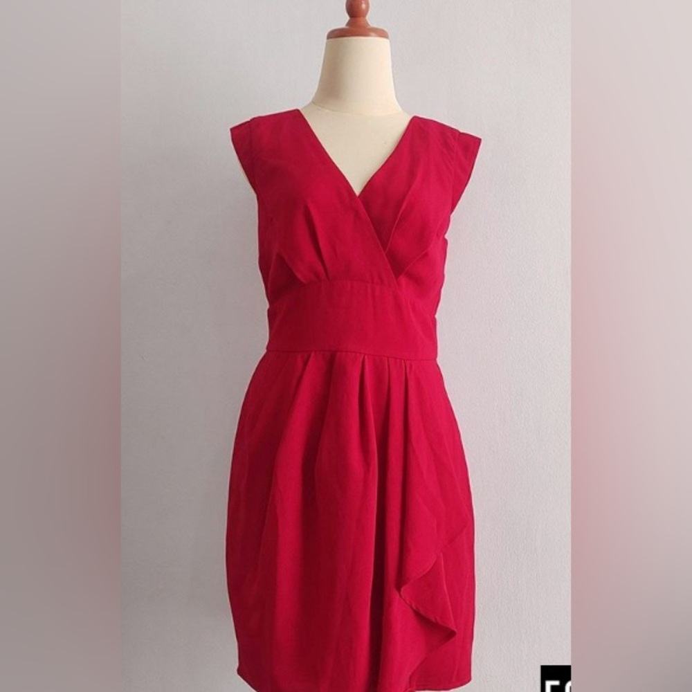 NWOT Sz 10/8 Red Crepe Minidress Cap Sleeves V Neck Empire Waist Pleats Ruffle